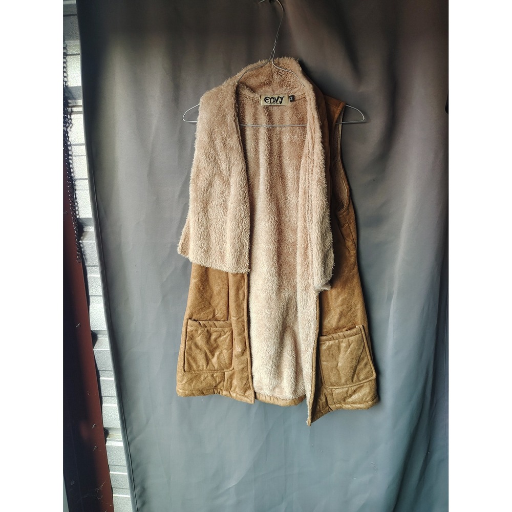 Envy Tan Faux Suede Shearling Lined Longline Vest Womens Medium Open Front